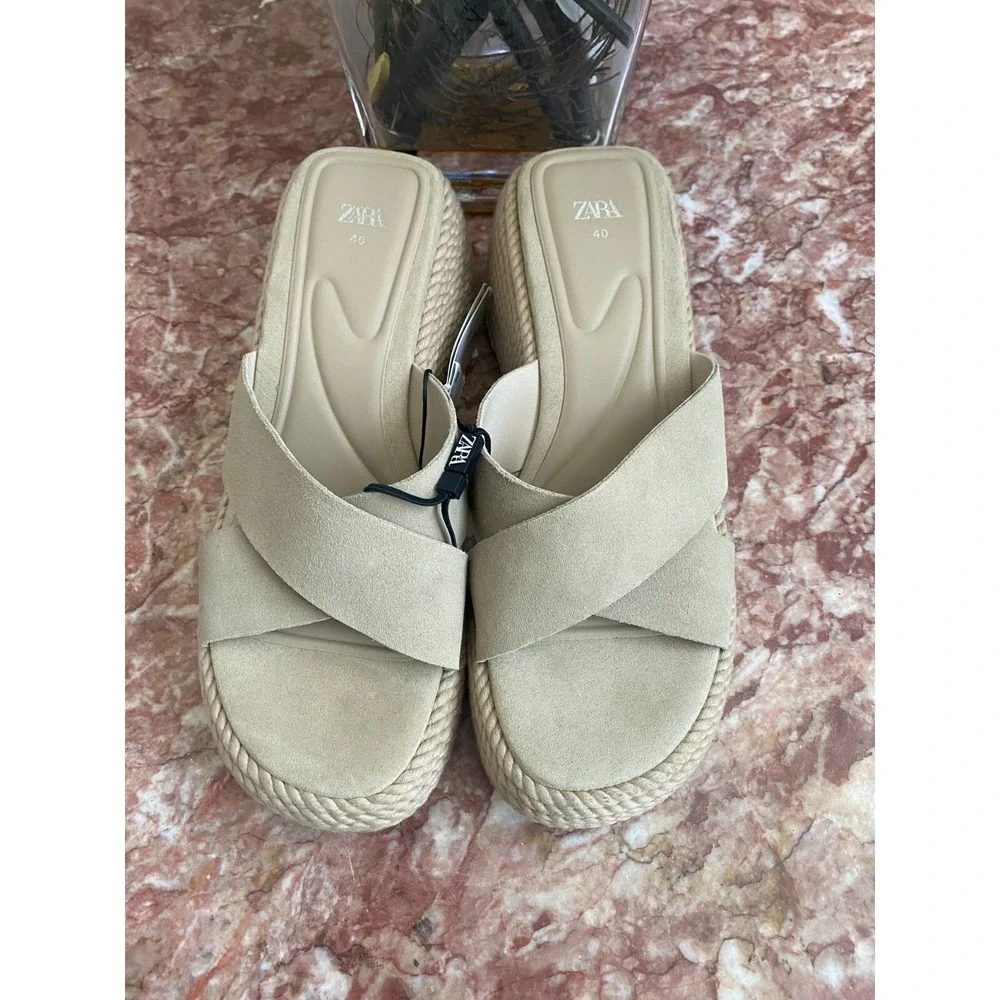 NWT Zara Jute Platform Y2K Wedge Heels Leather Upper Criss-Cross Sandals US 9/40 - Picture 3 of 10